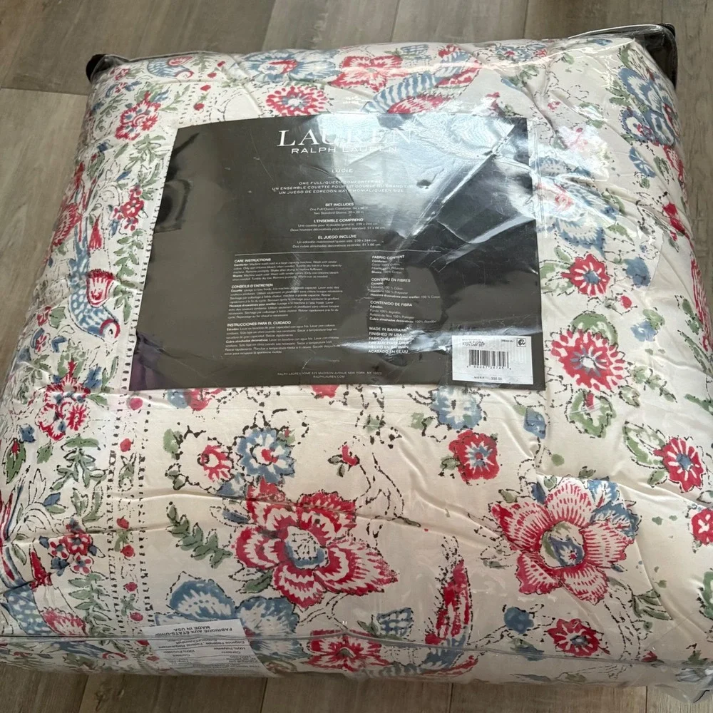 Ralph lauren lucie ikat floral king comforter and two pillowcases new pink white